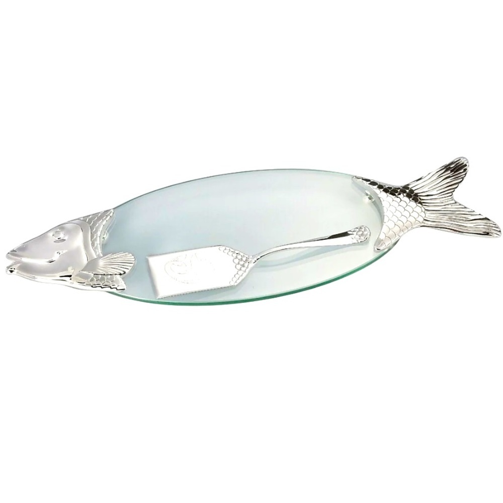 Elegance Pewter Silver Plated and Glass Fish Tray with Server